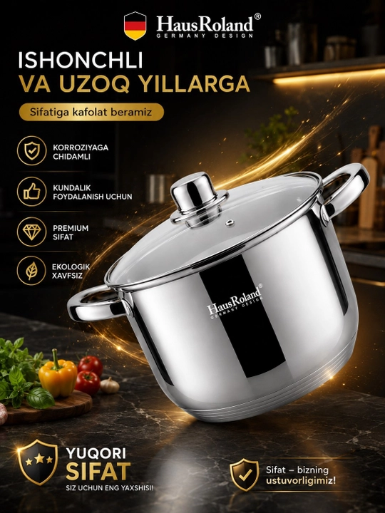Набор кастрюль HausRoland со стеклянными крышками для кухни, 3 штуки