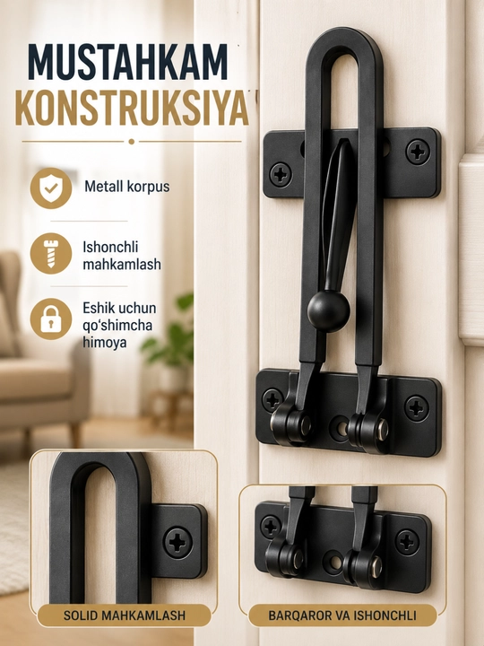 Eshik uchun qo‘shimcha qulf, ichkaridan yopiladigan qora metall himoya
