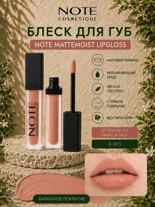 Блеск для губ Note Mattemoist Lipgloss 401, 402, 403, 409, 410, 411, 412, 413 и 414, 6 мл - 