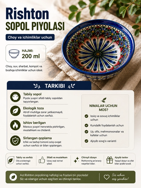 Piyola, tabiy loydan qo'l mehnati bilan yasalgan Rishton sopol piyolasi - 