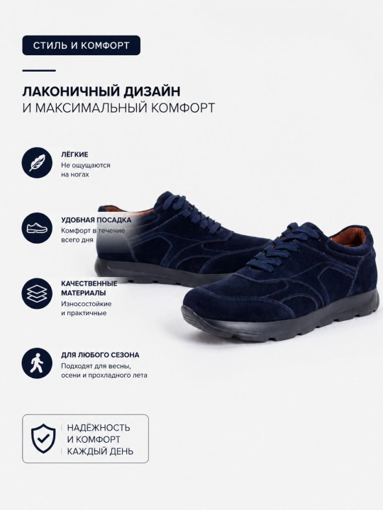 Мужские замшевые кроссовки тёмно-синие — удобные повседневные кеды, классический стиль - 