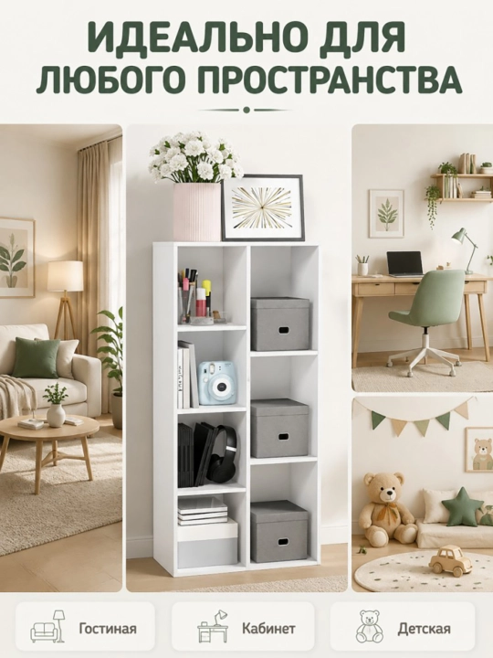 7 kubli oq kitob javoni 24×50×106cm, yashash xona, yotoqxona va ofis uchun