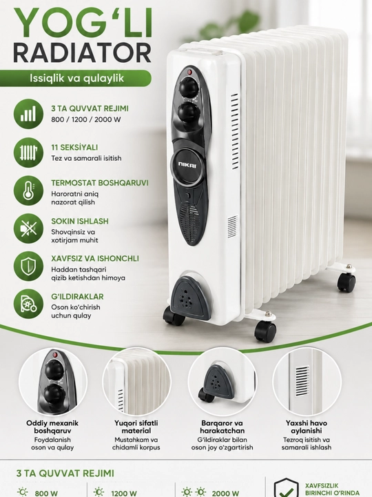 Yog‘li radiator, elektr isitgich, xona isitgich, NIKAI radiator, 11 seksiyali radiator