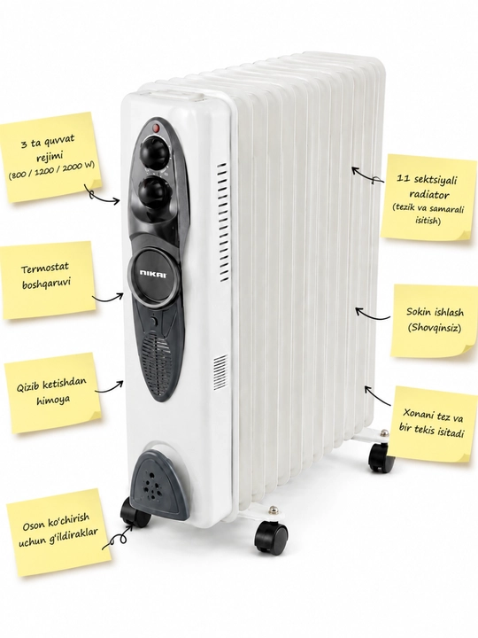 Yog‘li radiator, elektr isitgich, xona isitgich, NIKAI radiator, 11 seksiyali radiator