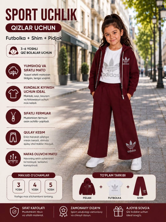 Qiz bolalar sport kostyumi uchli qisimli, xudi, futbolka va shim, 3–5 yosh