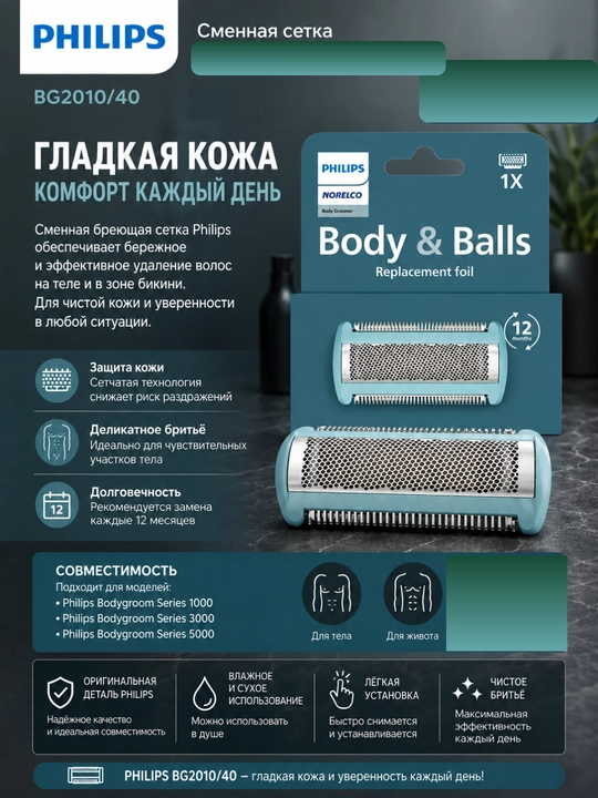 Philips BG2010 erkaklar uchun BodyGroomer trimmeriga almashtiriladigan soqol olish setkasi - 