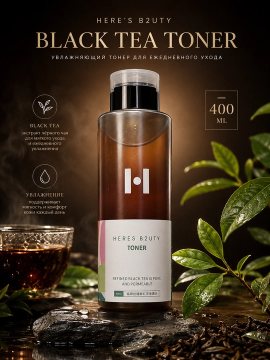 HERE’S B2UTY Yuz uchun qora choy ekstrakti, niatsinamid va natriy gialuronatli toner - 