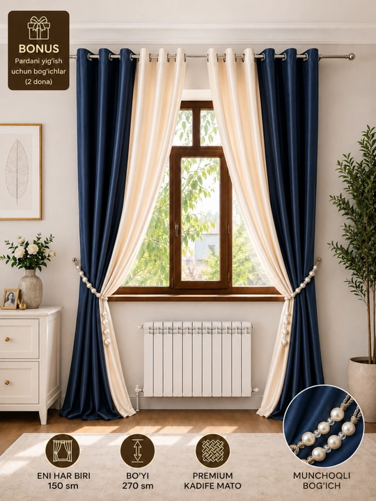 Premium ikki rangli kadife parda, lyuversli, 200×280 sm, bog‘ich bonus, zamonaviy dizayn - 