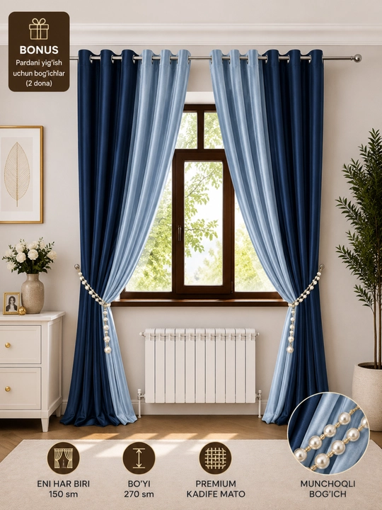 Premium ikki rangli kadife parda, lyuversli, 200×280 sm, bog‘ich bonus, zamonaviy dizayn - 