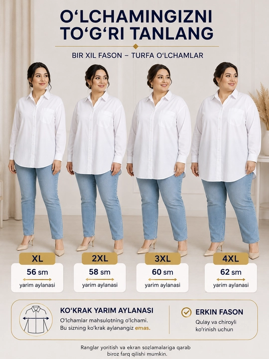Rubashka ayollar, uzun yengli ayollar ko‘ylagi, katta o‘lchamda, XL-4XL, Turkiya