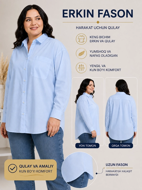 Rubashka ayollar, uzun yengli ayollar ko‘ylagi, katta o‘lchamda, XL-4XL, Turkiya