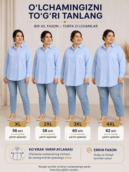 Rubashka ayollar, uzun yengli ayollar ko‘ylagi, katta o‘lchamda, XL-4XL, Turkiya
