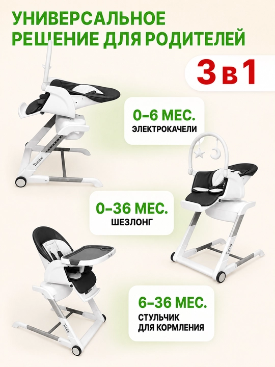 Детский стульчик 3 в 1 с электрокачанием, 8 режимов, 0-36 мес