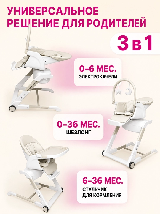Детский стульчик 3 в 1 с электрокачанием, 8 режимов, 0-36 мес