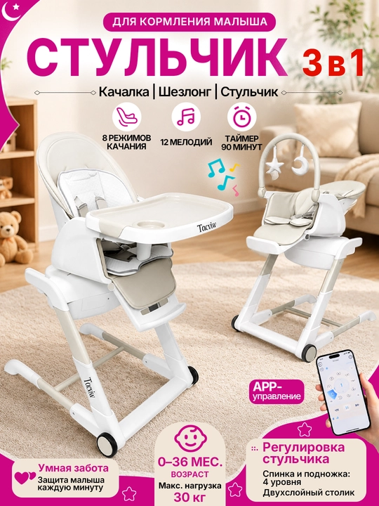 Bolalar stulchasi 3in1 elektr tebranishli, 8 rejim, 0-36 oy - 
