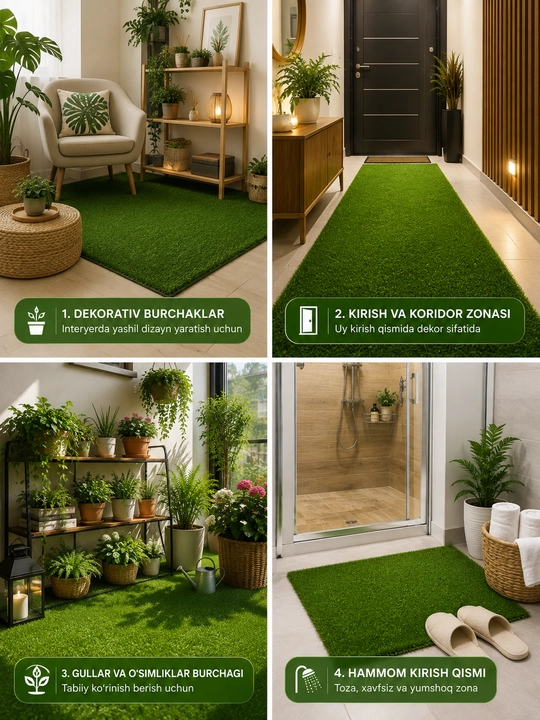 Uy, bog‘, hovli, balkon va ayvon uchun dekorativ sun’iy maysazor