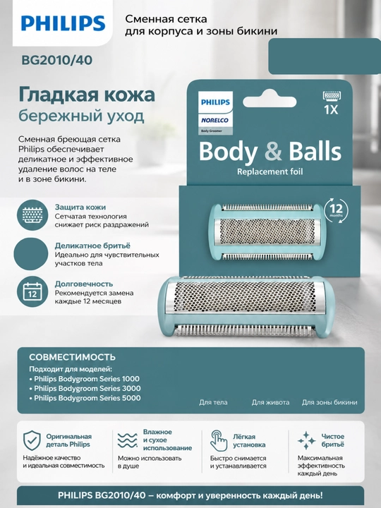 Philips BG2010/40 — Body Groomer uchun almashtiriladigan qiruvchi to‘r - 