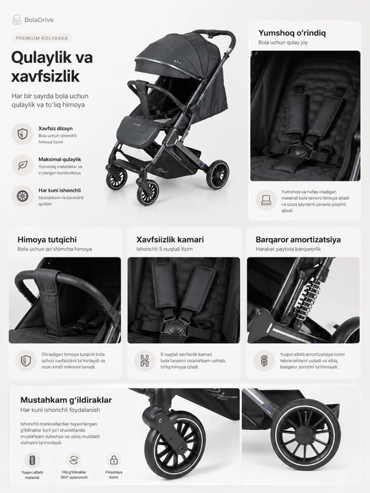 BolaDrive yengil bolalar aravachasi, buklanadigan, katta soyabon bilan