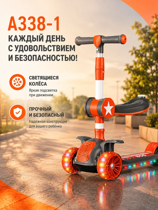 Детский самокат A338-1, светящиеся колёса, 3+, розово-фиолетовый