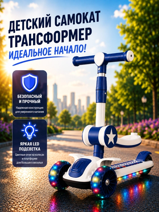 Детский самокат A338-1, светящиеся колёса, 3+, розово-фиолетовый