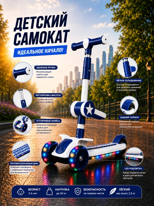Детский самокат A338-1, светящиеся колёса, 3+, розово-фиолетовый