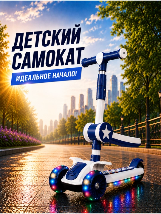 Детский самокат A338-1, светящиеся колёса, 3+, розово-фиолетовый