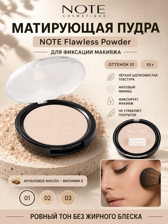 NOTE Flawless Powder matlashtiruvchi yuz upasi 10 g, makiyajni fiksatsiya, 01-03 - 