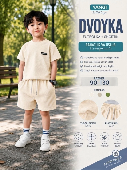 Dvoyka, bolalar kiyimi, o‘g‘il bolalar kostyumii kiyim, futbolka, shortik, to‘plam