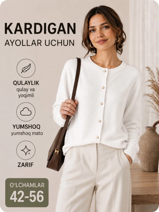 Ayollar kardigani, tugmali, uzun yengli, kuzgi trikotaj ustki kiyim