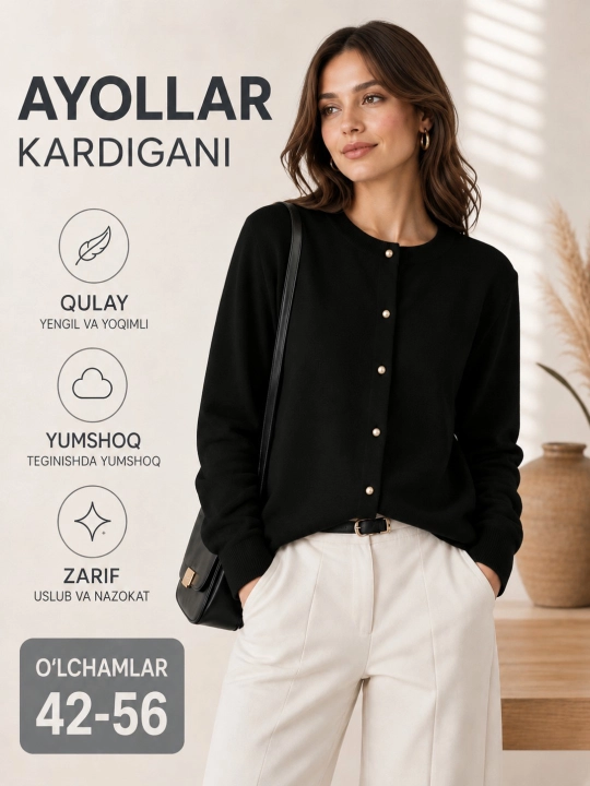 Ayollar kardigani, tugmali, uzun yengli, kuzgi trikotaj ustki kiyim