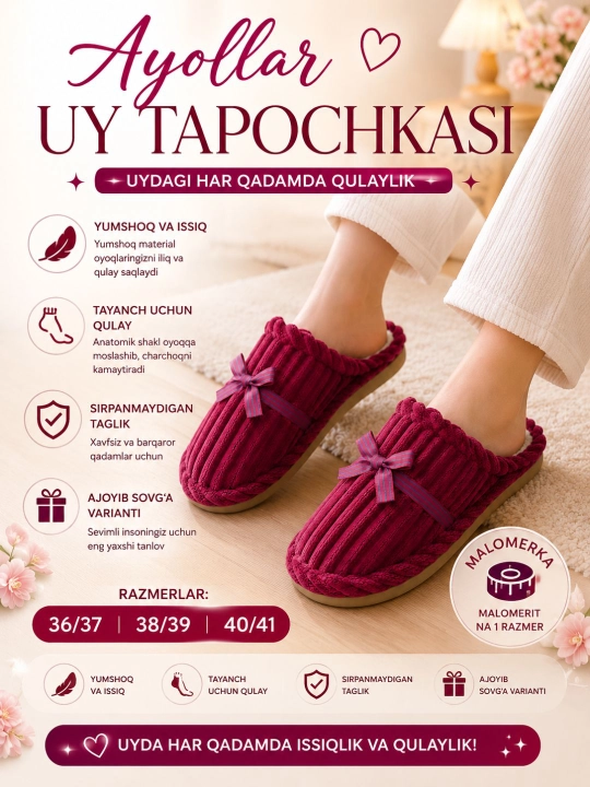Kichik o‘lchamli, yumshoq va issiq, tumshug‘i yopiq va bantikli ayollar uy shippaklari