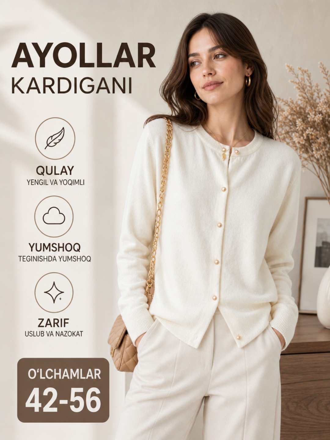 Ayollar kardigani, tugmali, uzun yengli, kuzgi trikotaj ustki kiyim