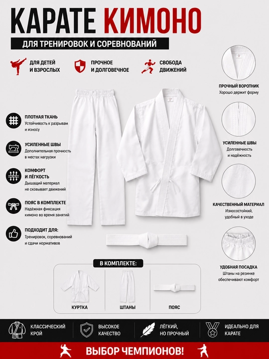 Belbog‘li oq karate kimonosi, kurtka va shim to‘plami - 