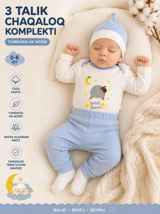 Комплект для новорожденного 3 предмета 0–6 месяцев, хлопковый боди, штанишки и шапочка - 