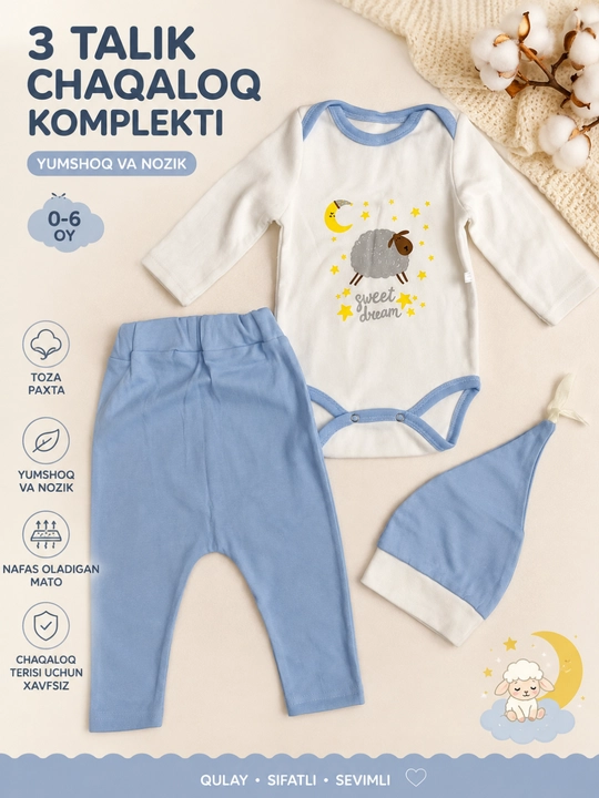 3 talik chaqaloq komplekti 0–6 oy, paxtali bodi, shimcha va qalpoqcha
