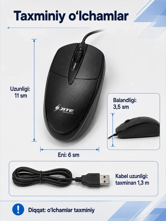 JITE B-01 simli kompyuter sichqonchasi, USB, optik sensor, mishka