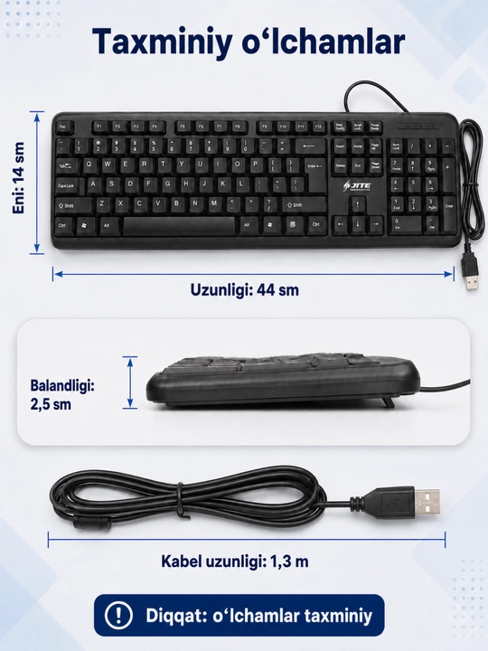 JITE KB-102 simli kompyuter klaviaturasi, USB, raqamli panel, 1,3 m kabel