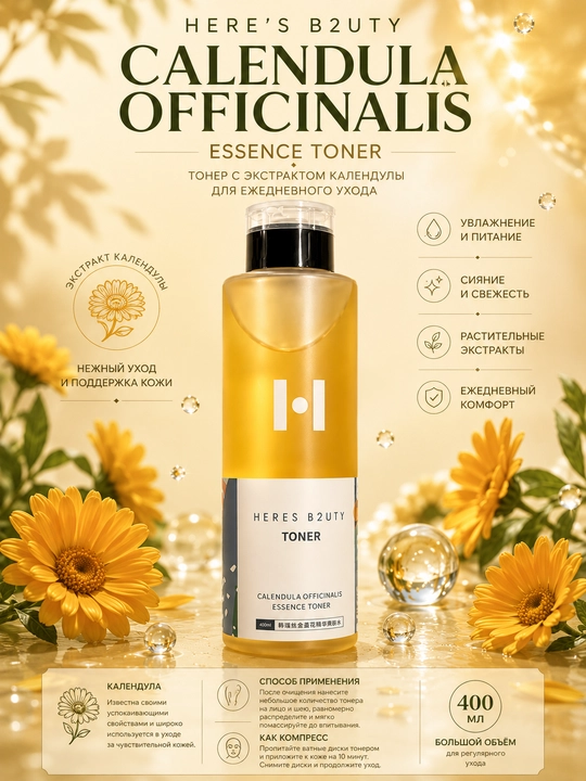 HERE’S B2UTY Calendula Officinalis Essence Toner — yuz uchun kalendula ekstraktli toner - 
