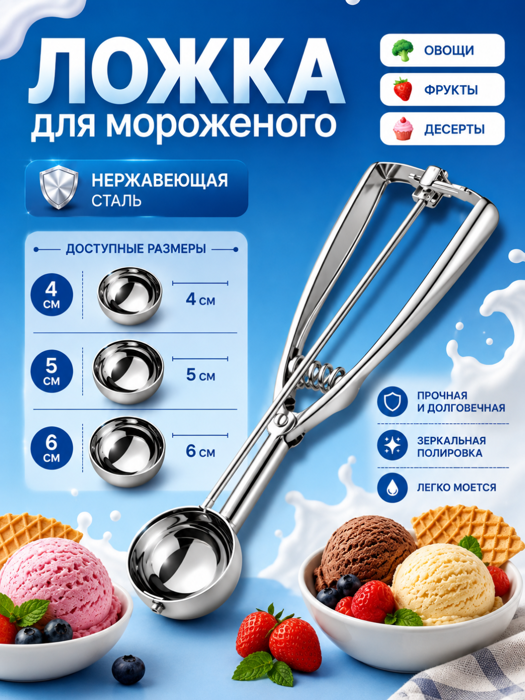 Ложка для мороженого, шарик с выталкивателем - 