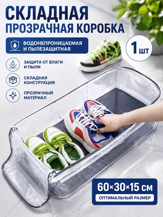 Oyoq kiyim uchun buklanadigan shaffof quti 60×30×15 sm, oyoq kiyim saqlash organayzeri - 