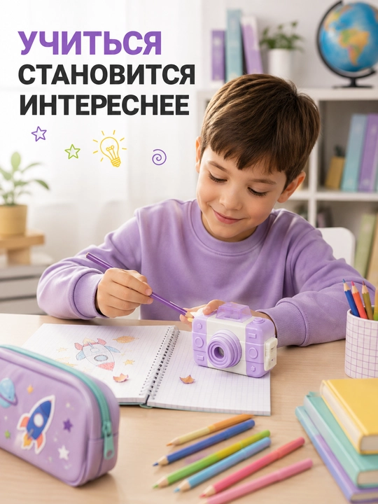 Точилка для карандашей детская с контейнером, Панда и Фотоаппарат, школьная