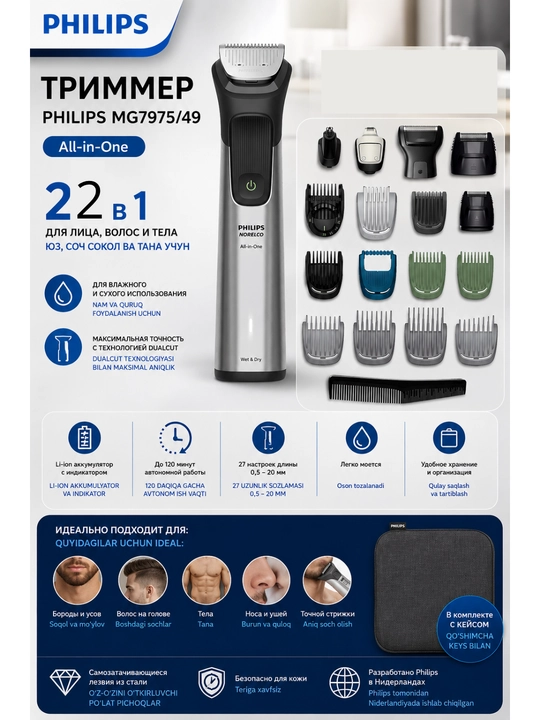 Philips MG7975/49 Multigroom 7000 Series, триммер 22 в 1 для лица, головы и тела - 