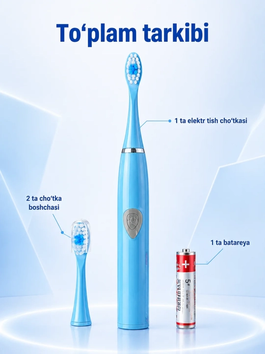 Elektr tish cho‘tkasi, 2 ta almashtiriladigan boshcha, AA batareyada ishlaydi