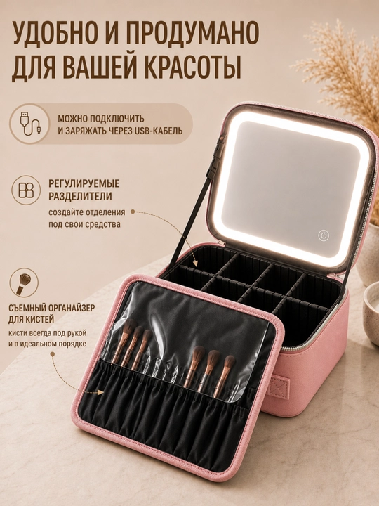Косметичка-кейс с зеркалом и подсветкой, органайзер для хранения косметики