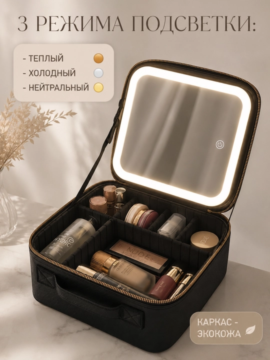 Косметичка-кейс с зеркалом и подсветкой, органайзер для хранения косметики