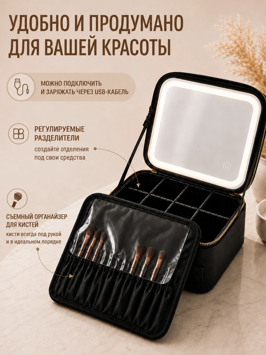 Косметичка-кейс с зеркалом и подсветкой, органайзер для хранения косметики