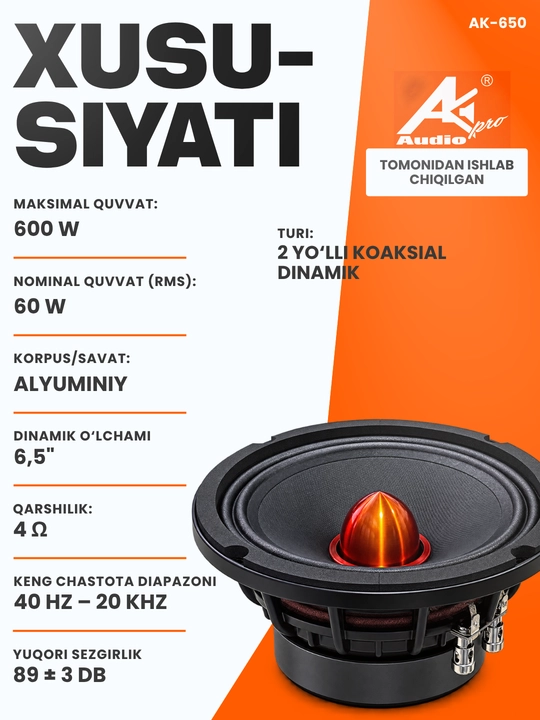 Avtomobil dinamigi AK Pro Audio AK-650, 6,5 dyuym, 2 dona, 600 W