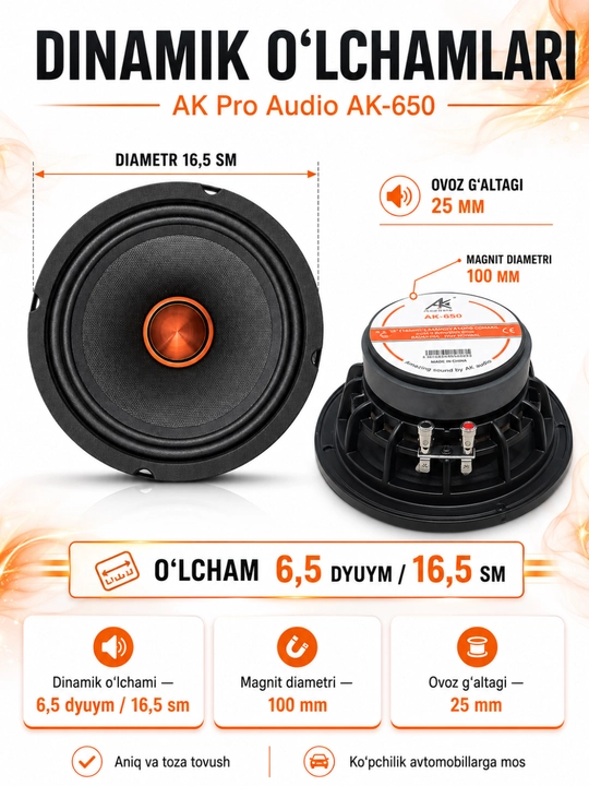 Avtomobil dinamigi AK Pro Audio AK-650, 6,5 dyuym, 2 dona, 600 W