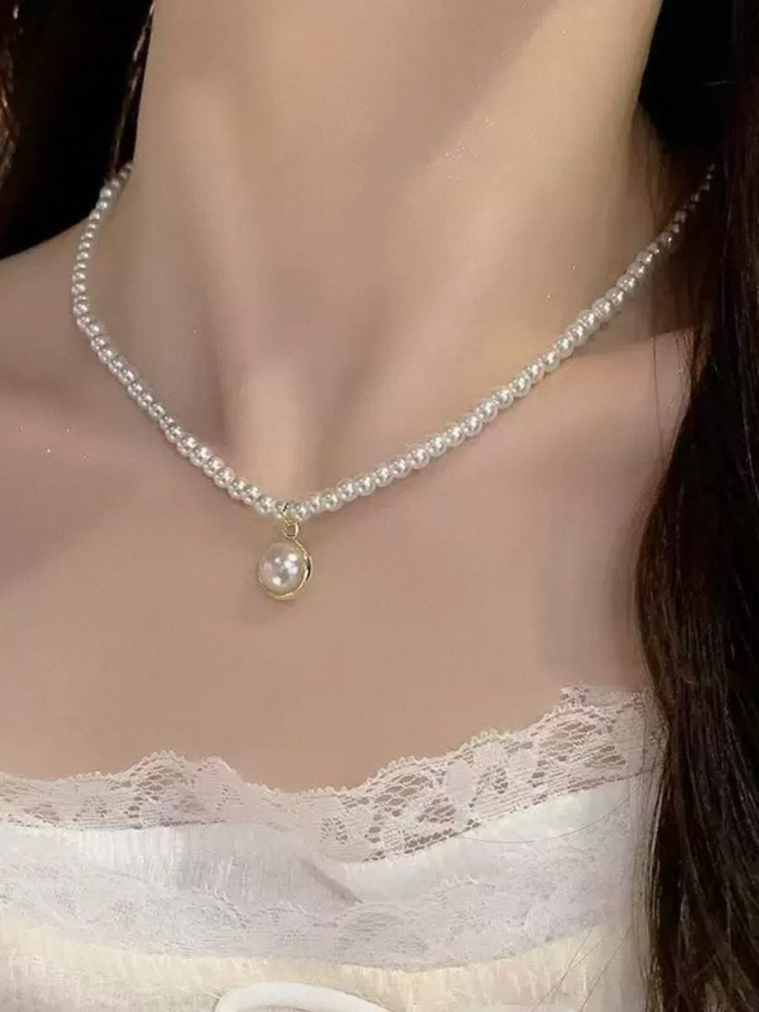 Цепочка женская, на шею, с жемчугом и камнями - 