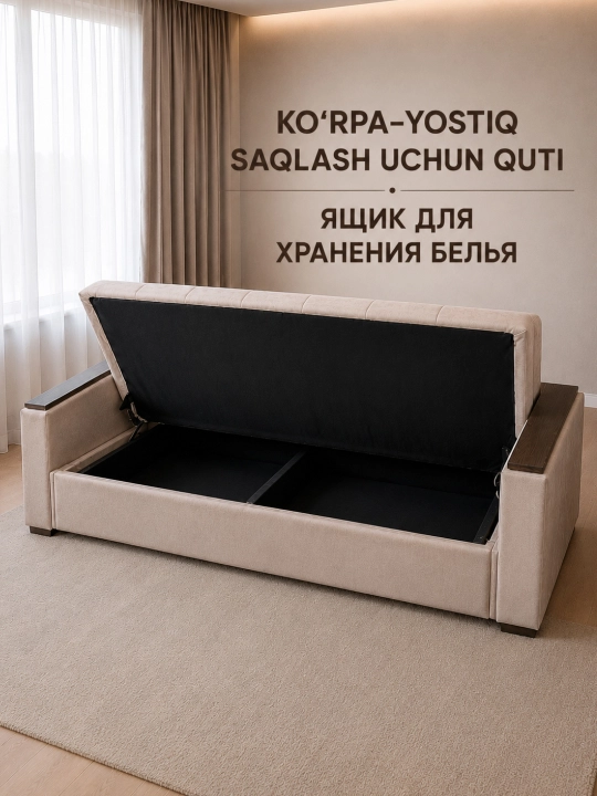 Kitob-divan, saqlash uchun tortmasi bilan, 220x80 sm, divan-krovat. Sandiq
